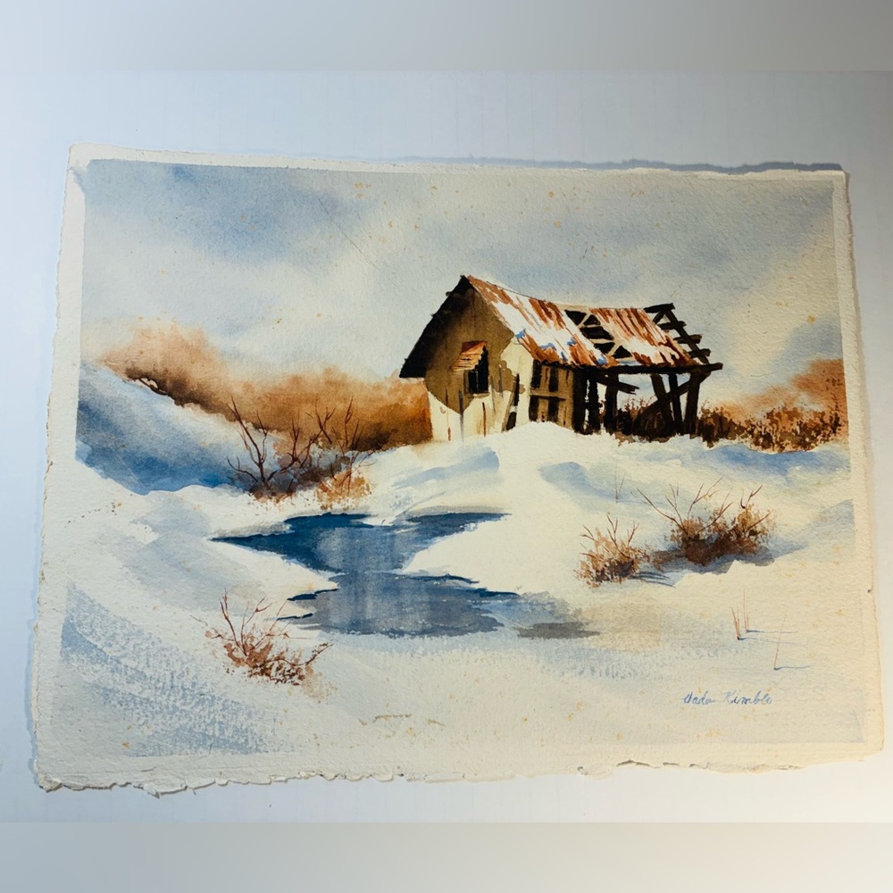 Original Vintage Watercolor Winter Scene
